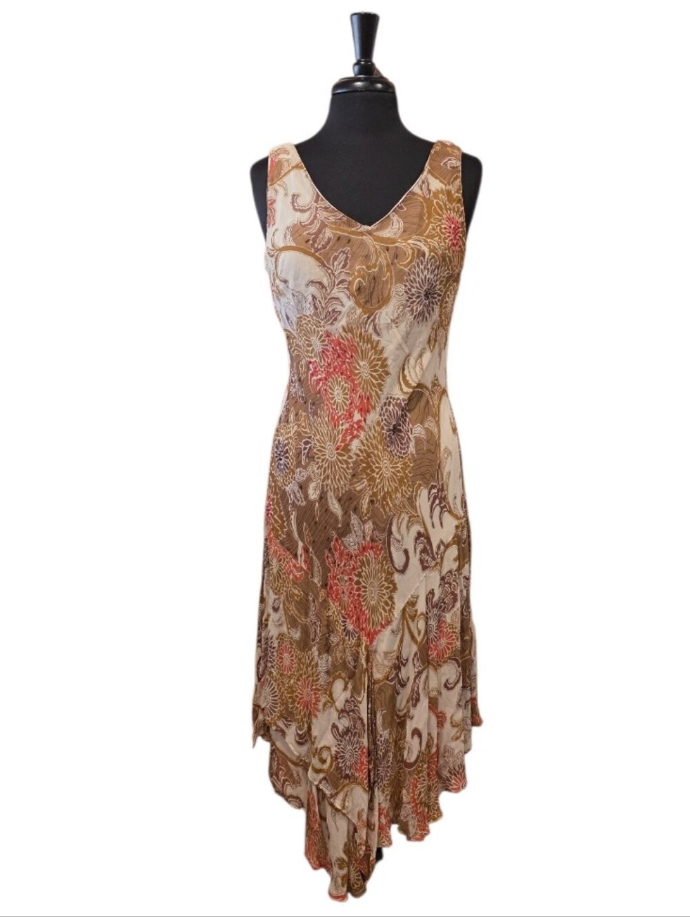 Vintage Y2K Fairy Floral V-Neck Midi Dress in Brown, Cream and Coral
